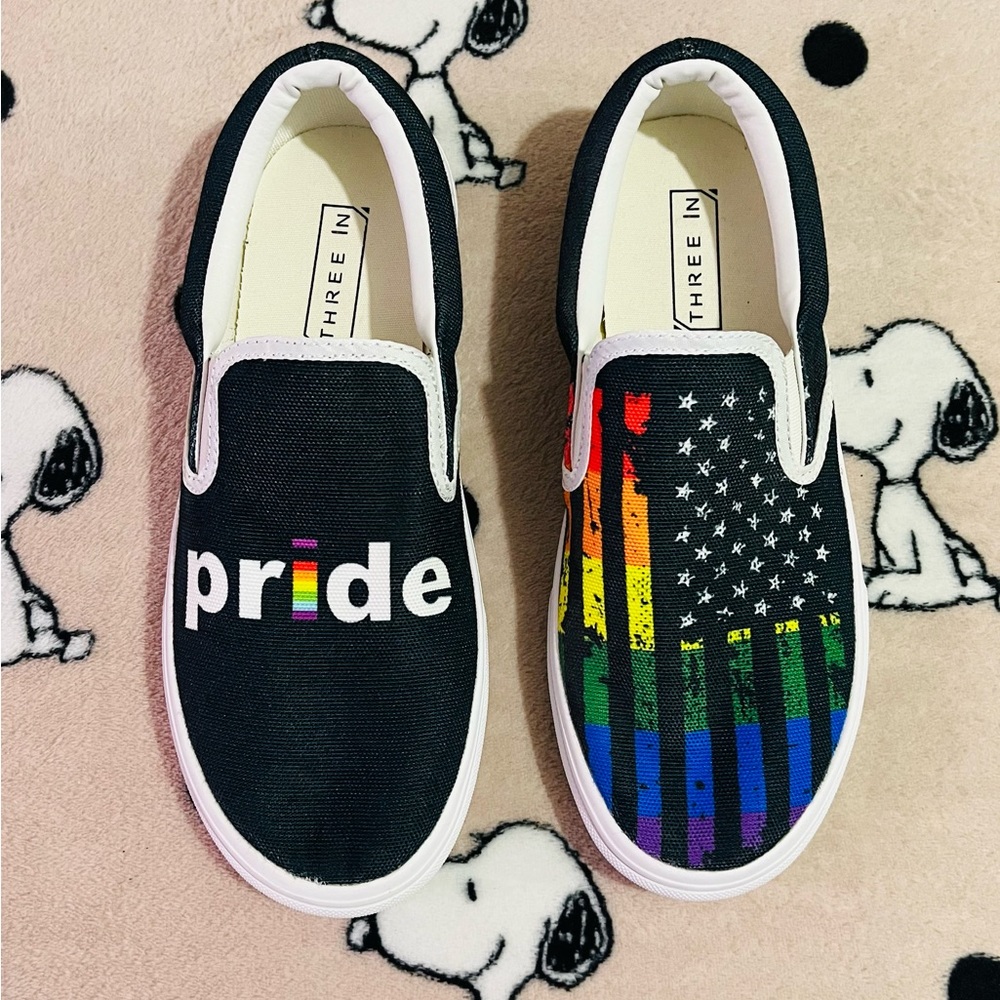 Three in Pride Logo Gay Pride Poster Slip Ons Canvas Shoes